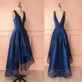 A line Bridesmaid Dresses, Blue PLong Prom Dresses With Layered Sleeveless Deep V-Neck ,PDY0275