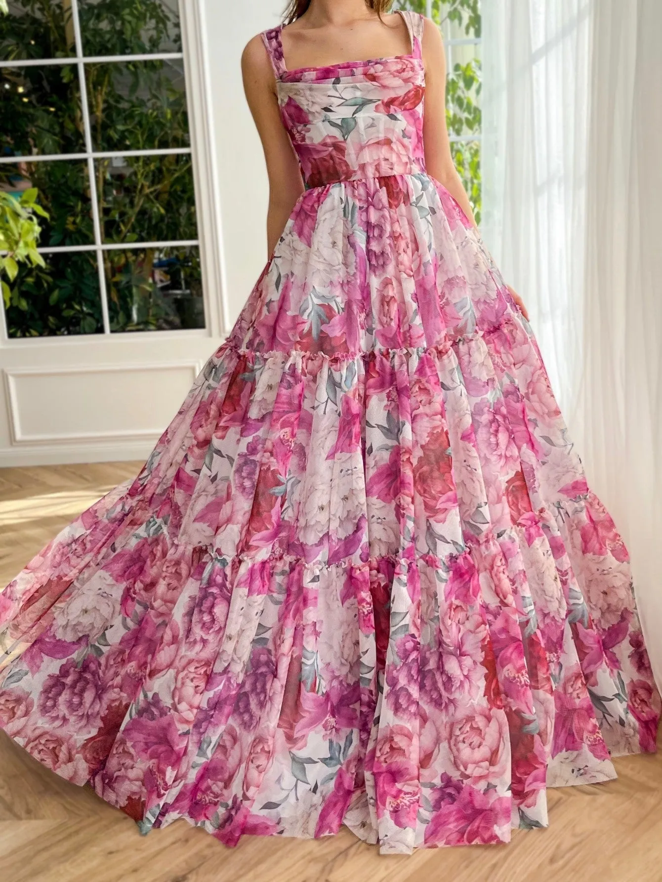 A Line Floral Pink Long Prom Dress