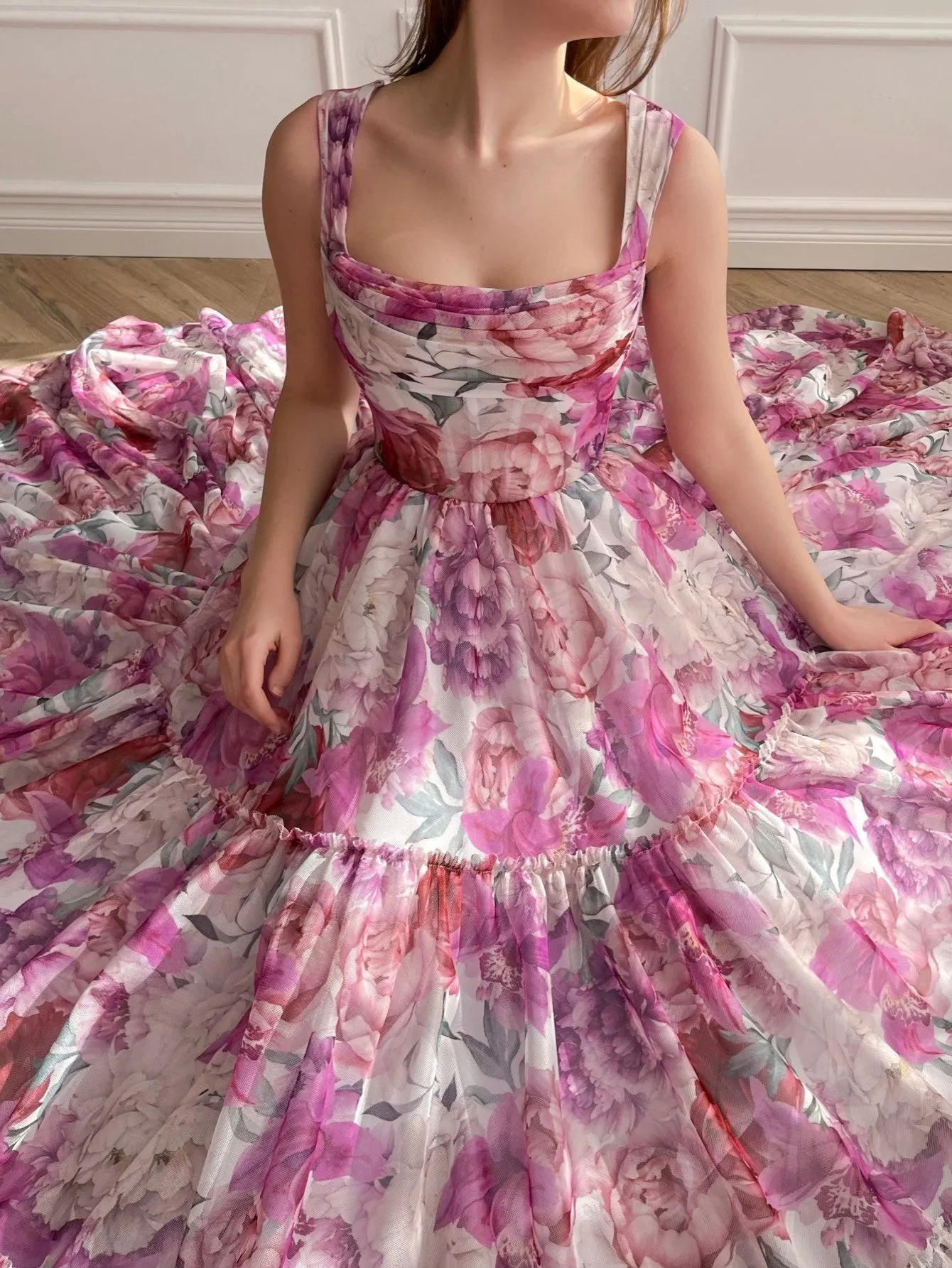 A Line Floral Pink Long Prom Dress