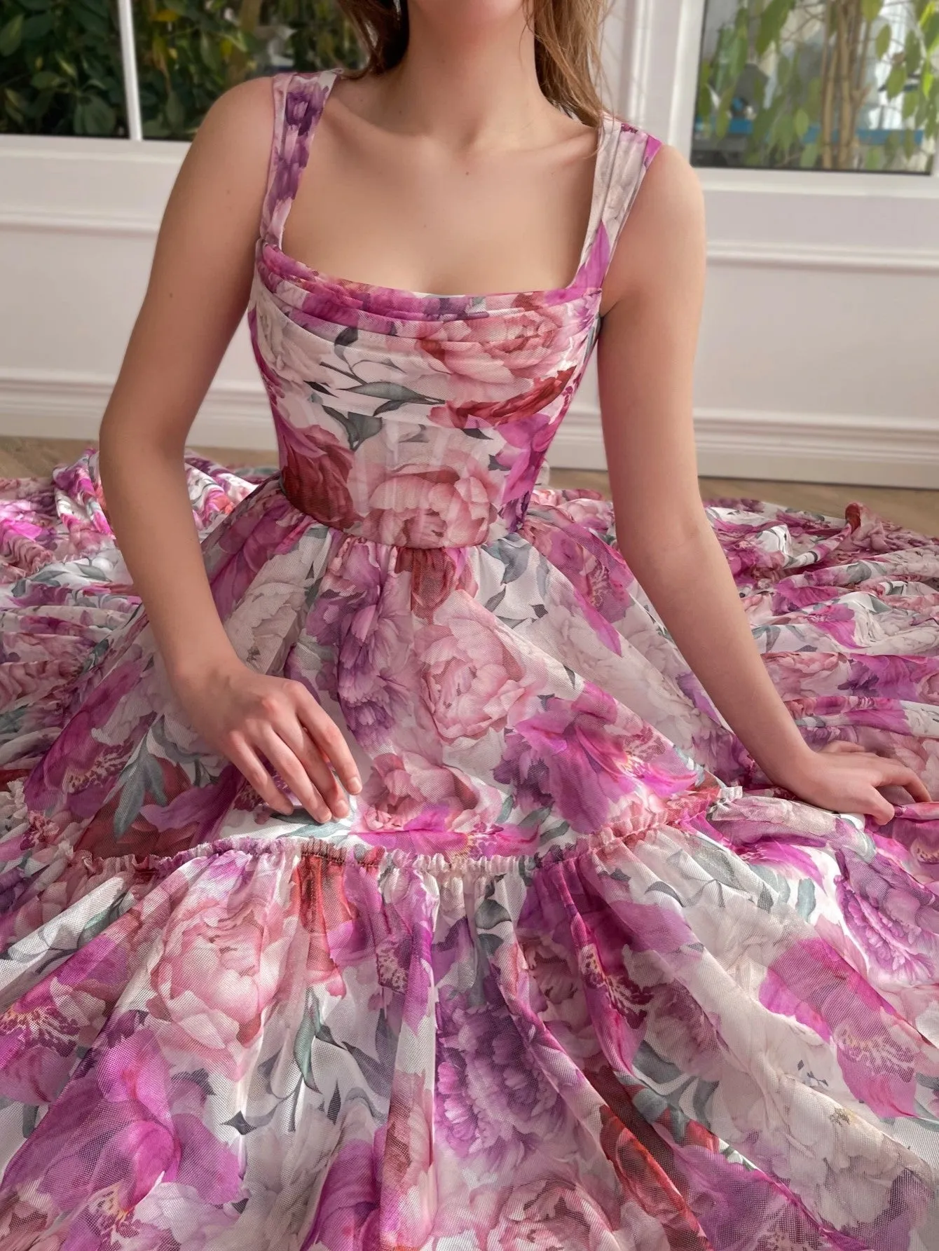 A Line Floral Pink Long Prom Dress