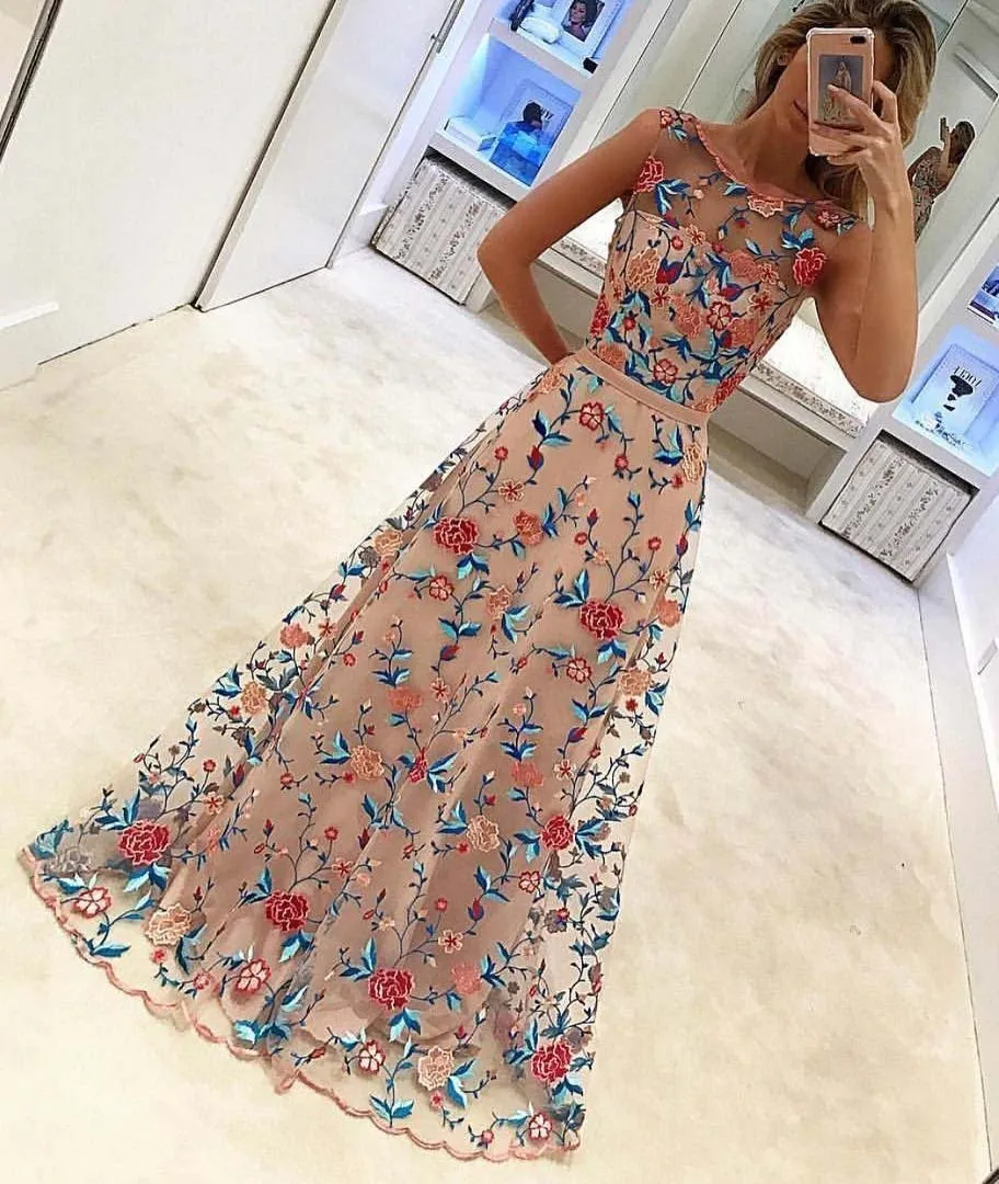 A Line Floral Scoop Sleeveless Prom Dresses with Embroidery Long Formal Dresses WK466