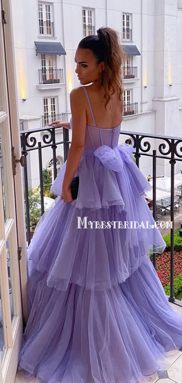 A-line Spaghetti Straps Simple Tulle A-line Long Prom Dresses.PDY0115