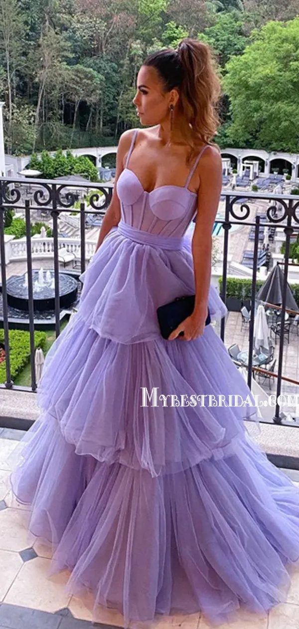 A-line Spaghetti Straps Simple Tulle A-line Long Prom Dresses.PDY0115