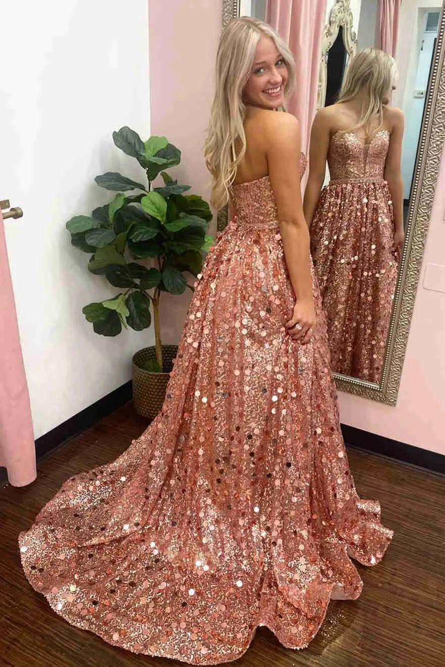 A-Line Unique Sequin Long Prom Dresses, Sparkly Sweetheart Formal Gown GP235