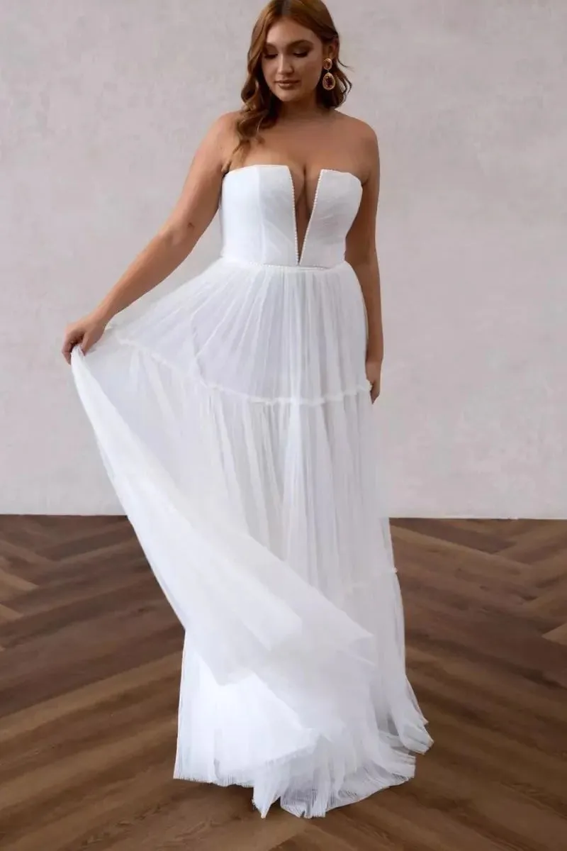 A Line V Neck Chiffon Long Wedding Dresses with Sweep Train