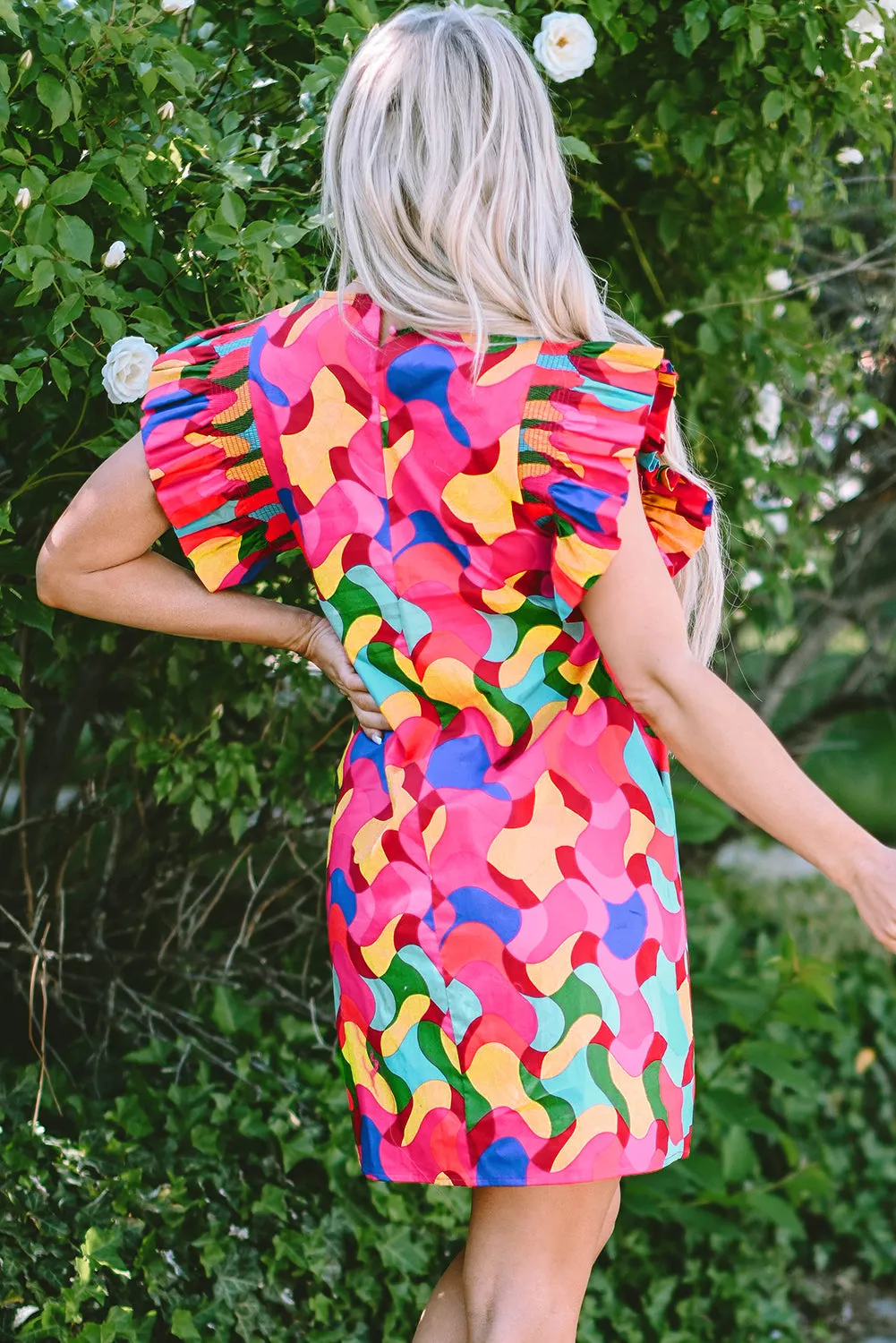 Abstract Ruffle Sleeve Shift Dress