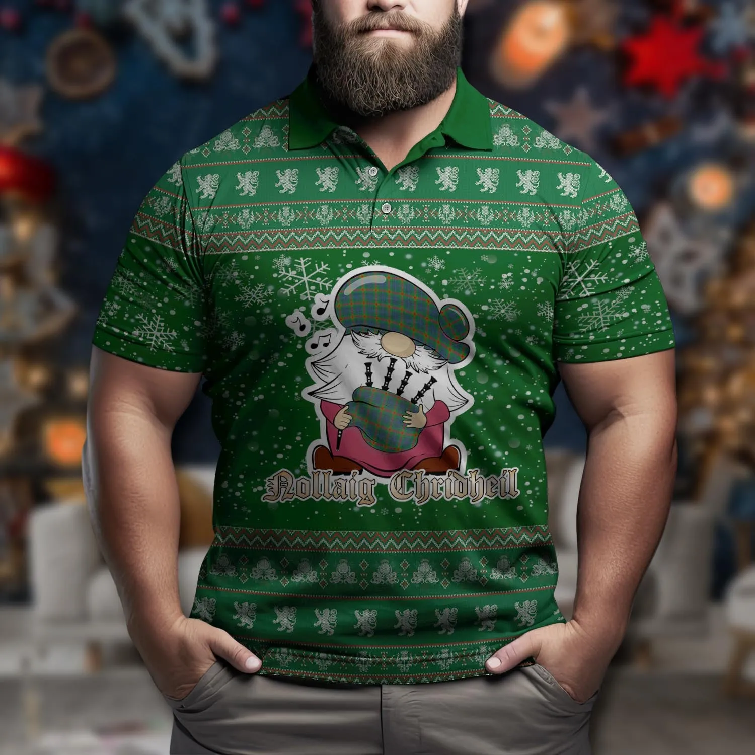 Aiton Clan Christmas Family Polo Shirt with Funny Gnome Playing Bagpipes