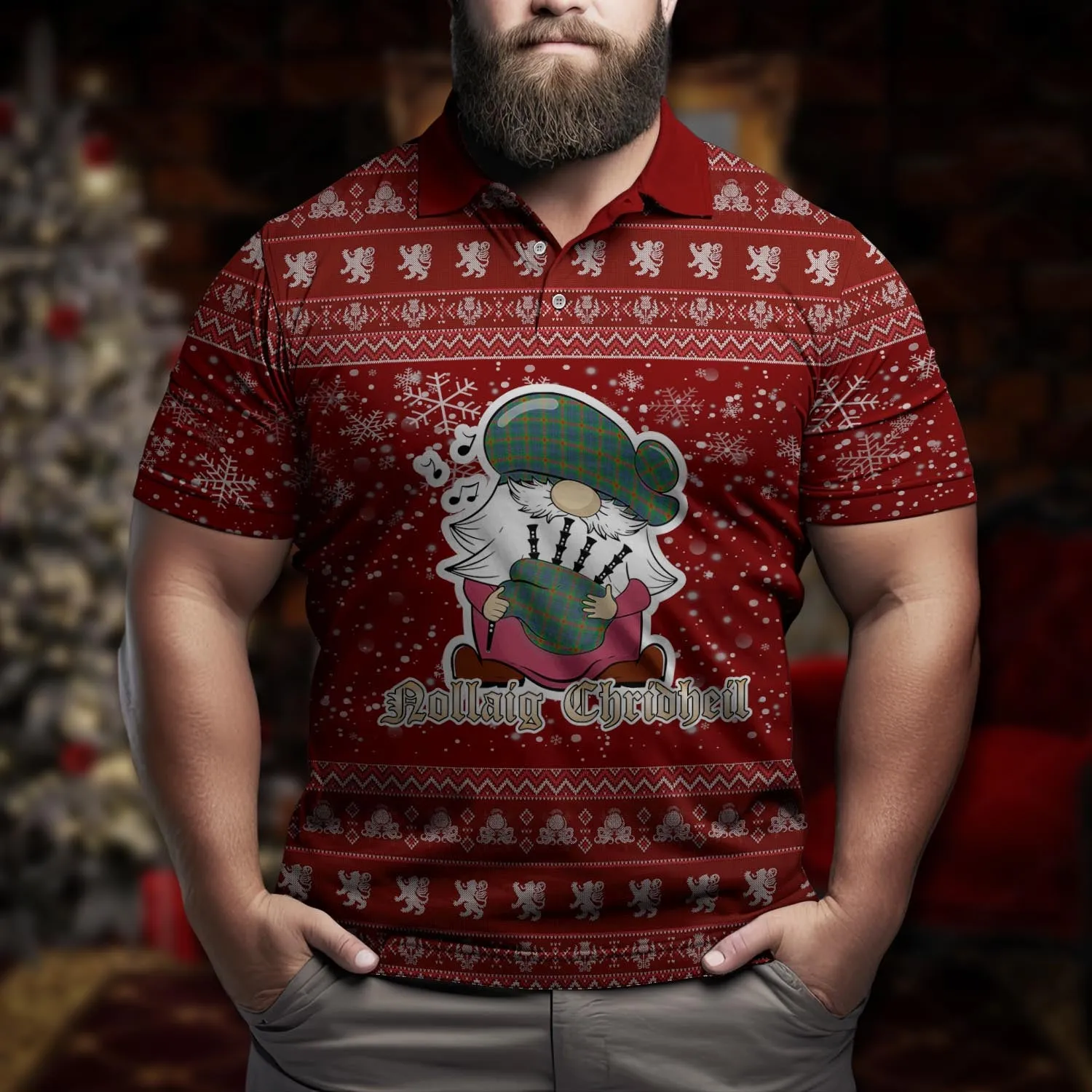 Aiton Clan Christmas Family Polo Shirt with Funny Gnome Playing Bagpipes