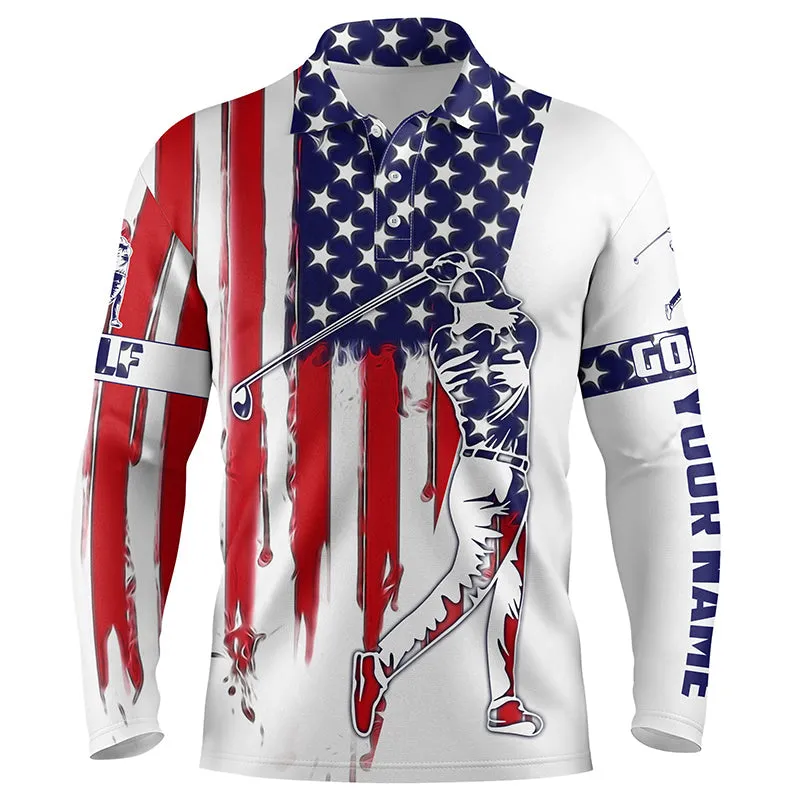 American Flag Mens Golf Long Sleeve Polos Shirts Custom Name Patriot Golf Gifts, Golf Shirts For Men