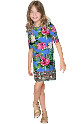 Aquarelle Grace Blue Floral Print Shift Party Dress - Girls