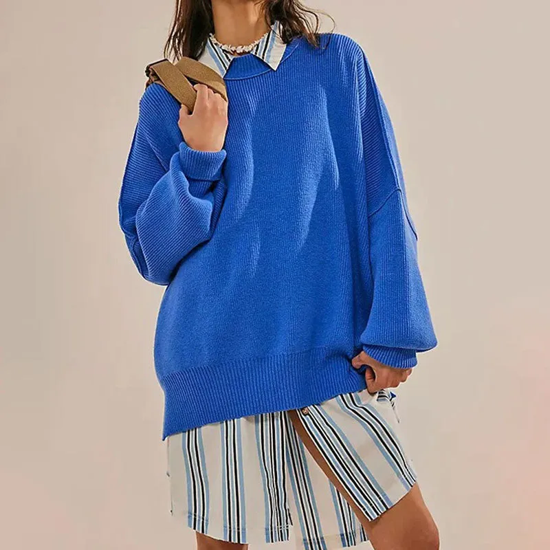 Athletic Crew Neck Drop Shoulder Long Sleeve Split Side Rib Knit Oversized Sweater