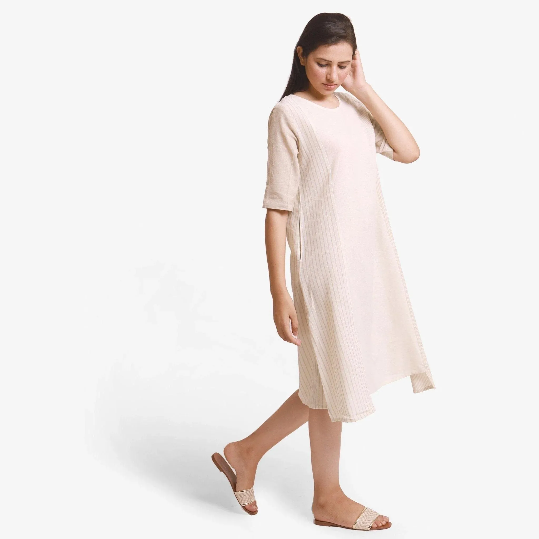 Beige Yarn Dyed Cotton Paneled Midi Dress