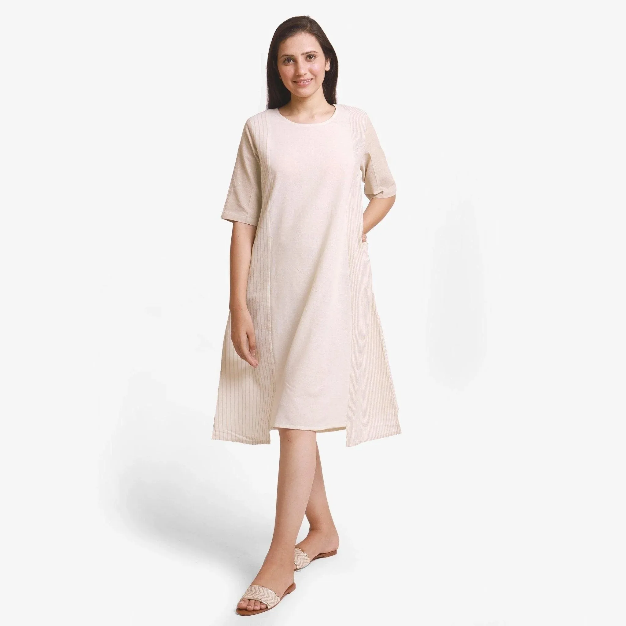 Beige Yarn Dyed Cotton Paneled Midi Dress