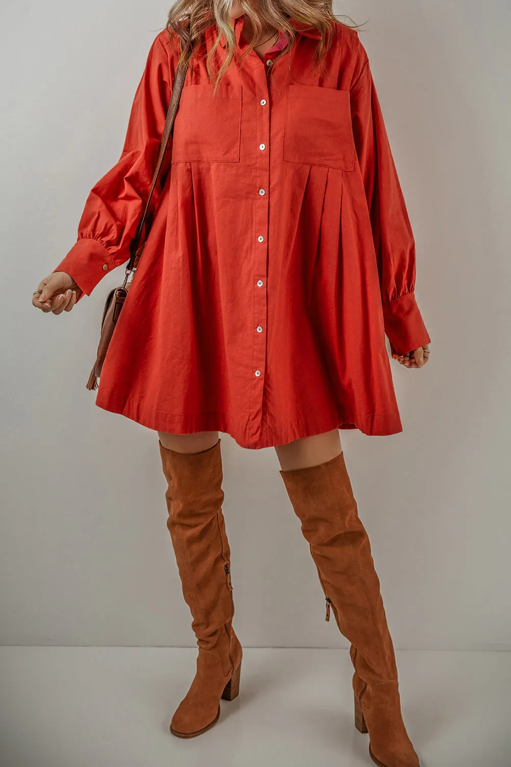 Bishop Sleeve Pleated Mini Shirt Dress