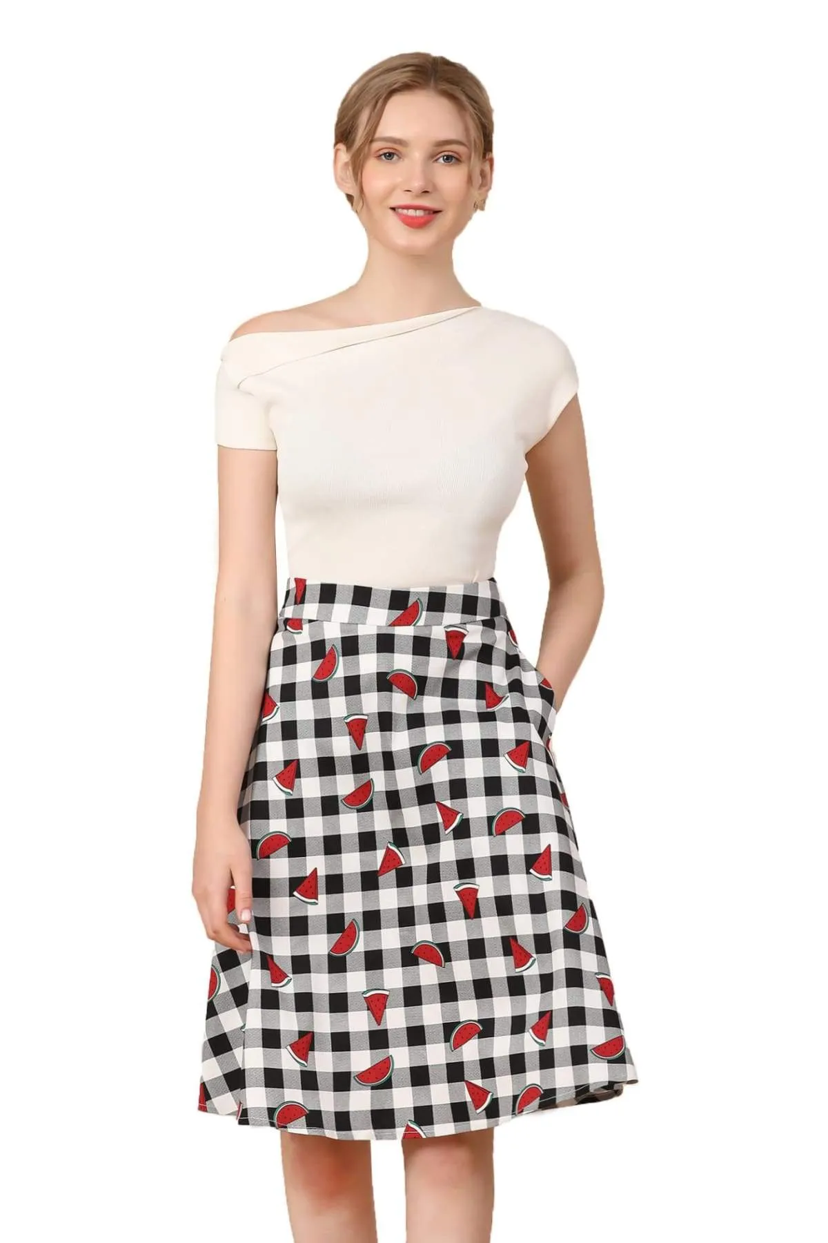 Black and White Gingham A Line Watermelon Cotton Skirt with Pockets