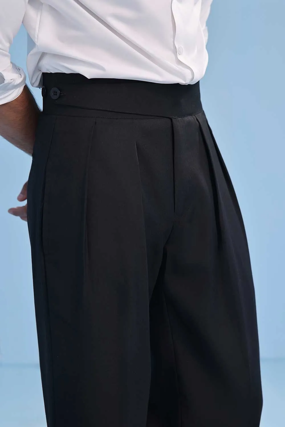 Black High Waisted Wide Leg Side Tab Trousers