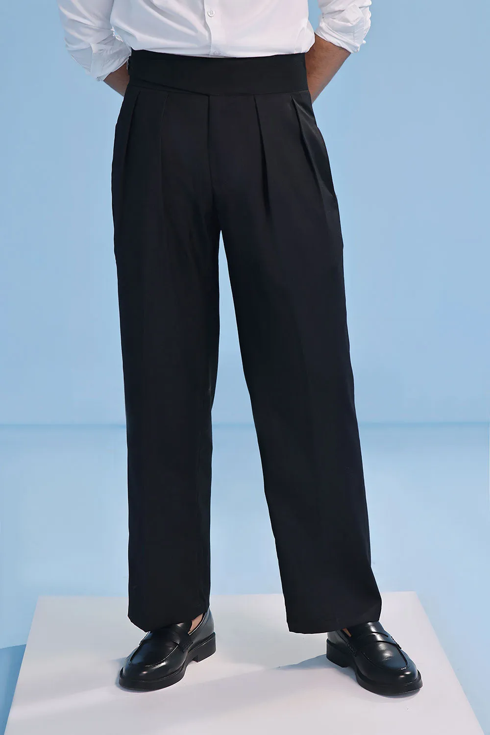 Black High Waisted Wide Leg Side Tab Trousers