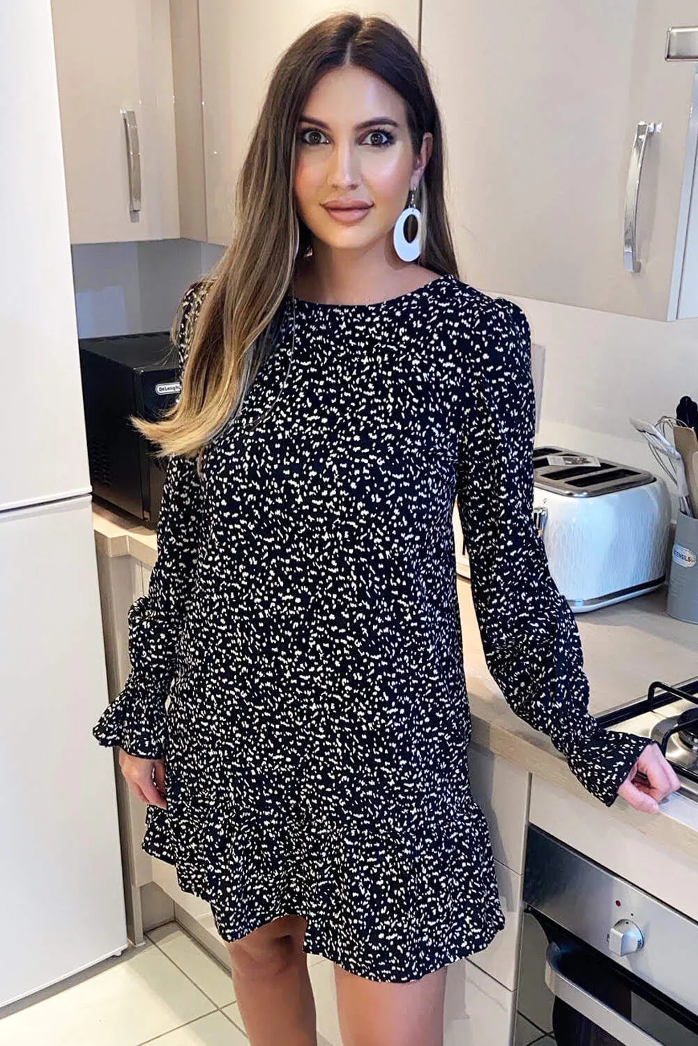 Black Printed Long Sleeve Shift Dress