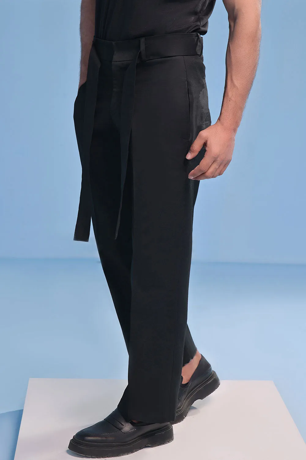 Black Wide Leg Chino with Removable Belt