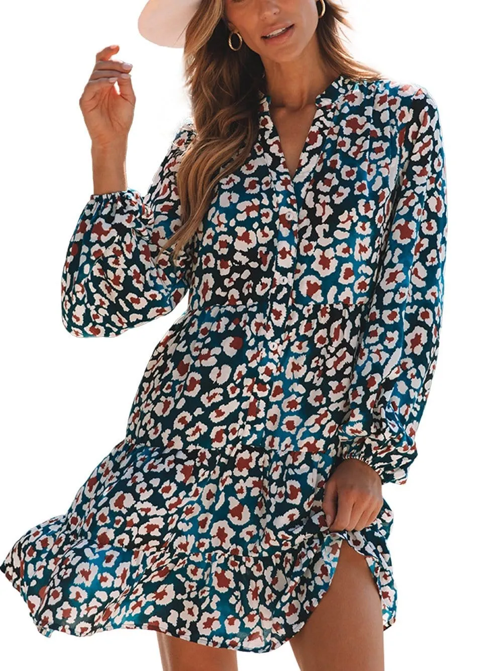 Blue Leopard Print Ruffled Shirt Dress with Bubble Sleeves