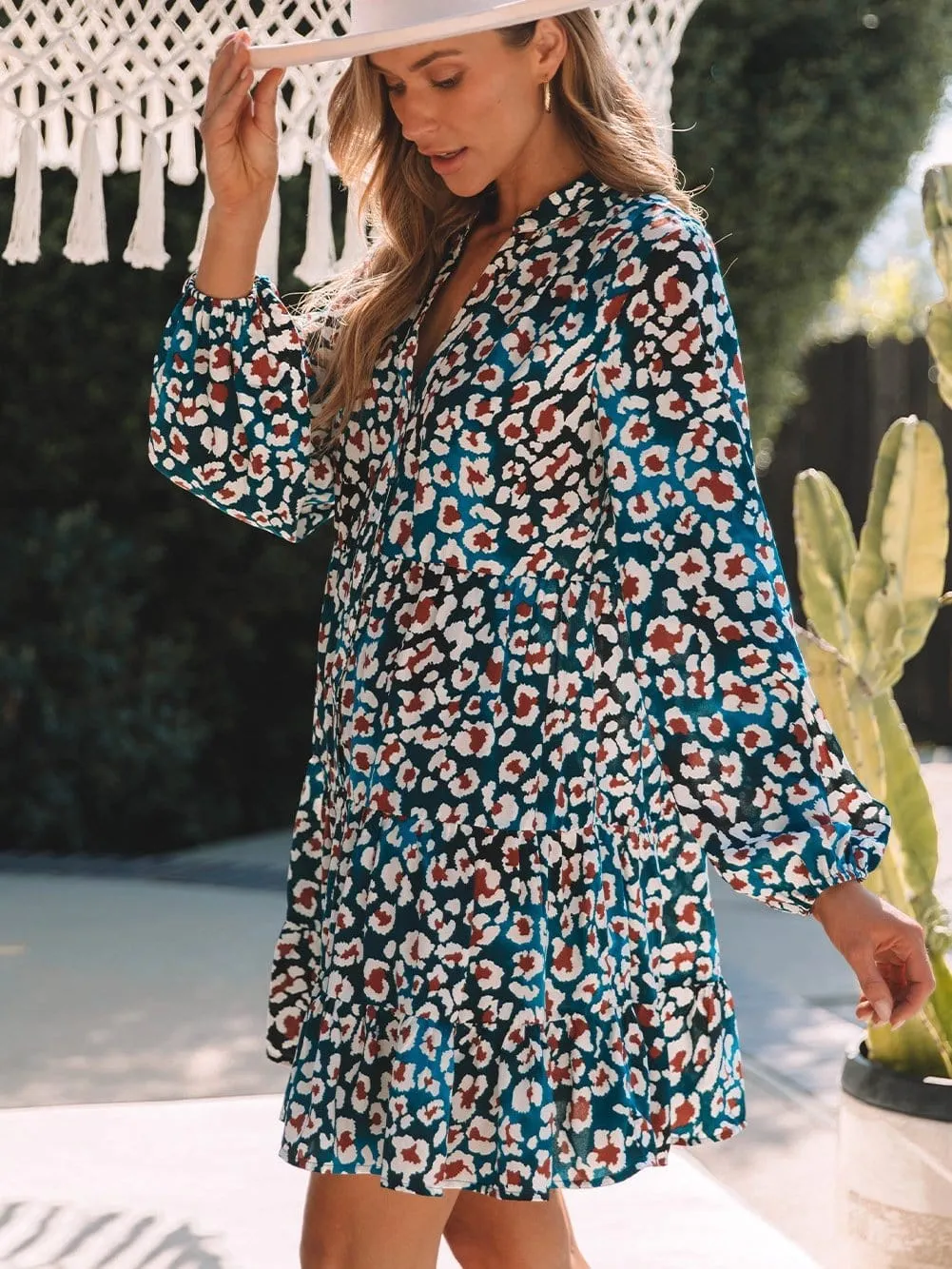 Blue Leopard Print Ruffled Shirt Dress with Bubble Sleeves