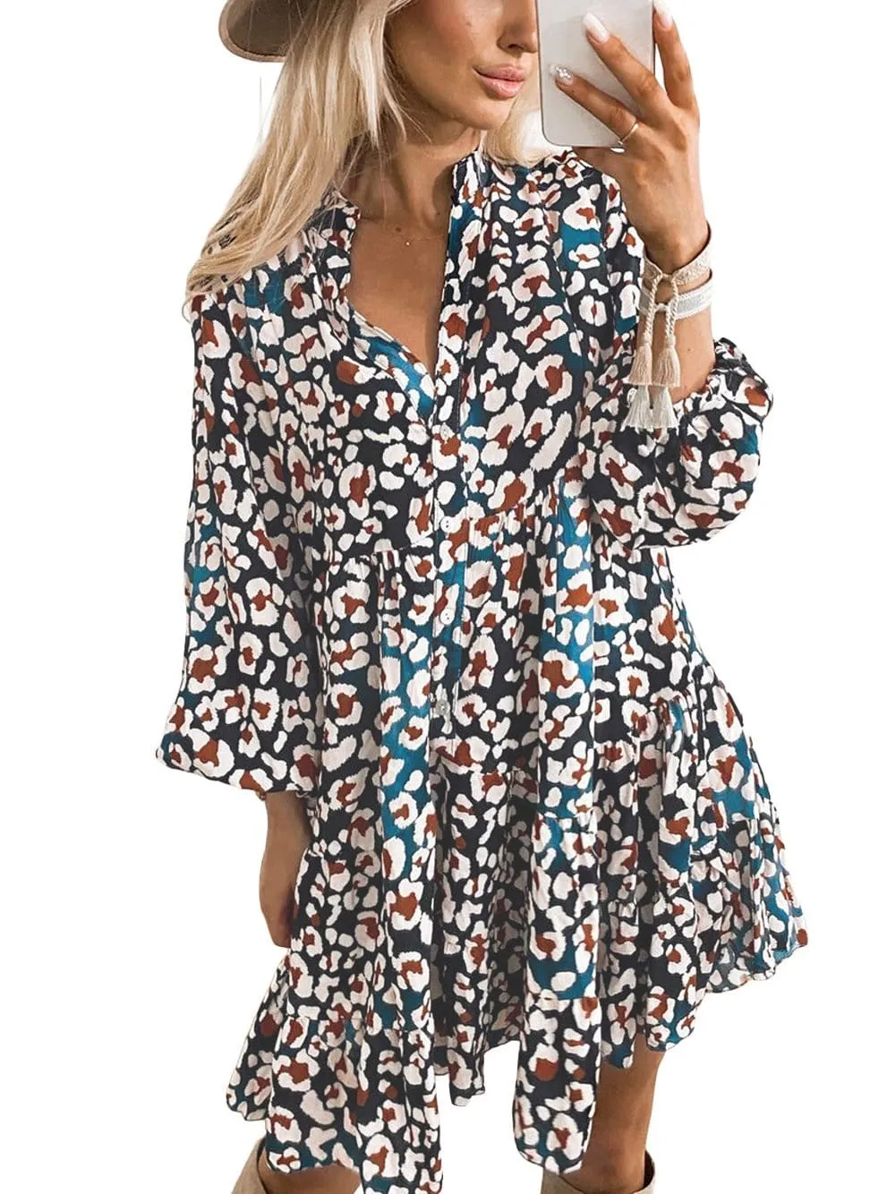 Blue Leopard Print Ruffled Shirt Dress with Bubble Sleeves