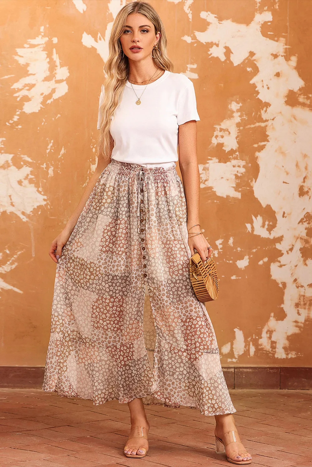 Boho Flower Waist Slit Maxi Skirt