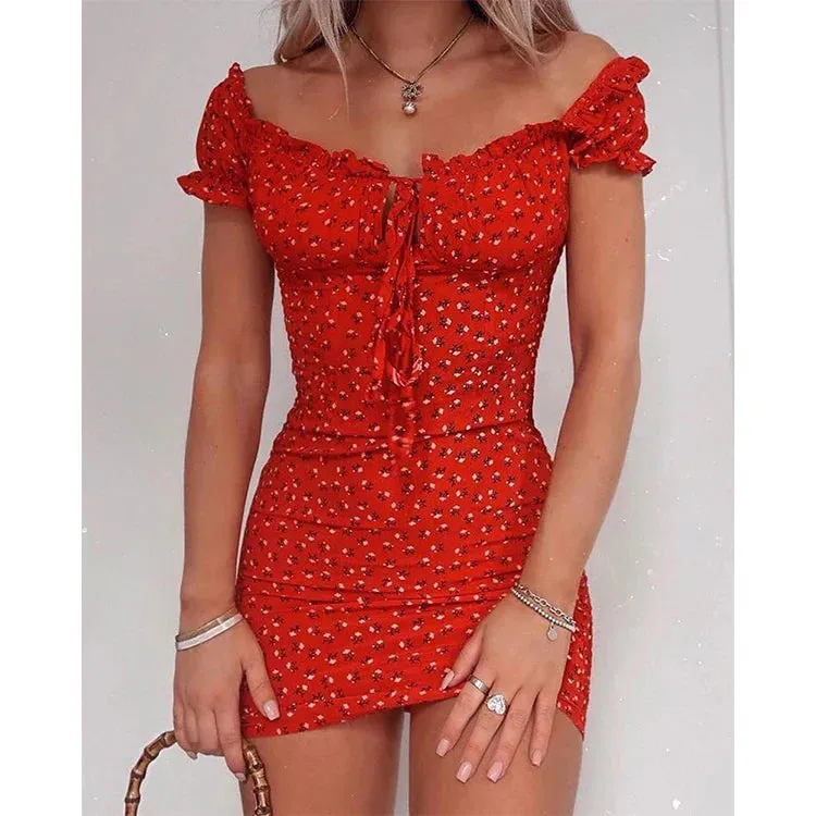 Boho Women Spaghetti Strap Floral Sweet Ruched A-Line Dress