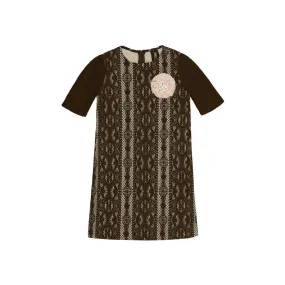 BROWN CROCHET LACE ELBOW SLEEVE SHIFT PARTY COCKTAIL DRESS - GIRLS