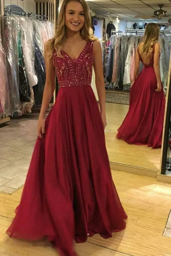 Burgundy A-line V Neck Chiffon Long Prom Dress with Sequins GP228