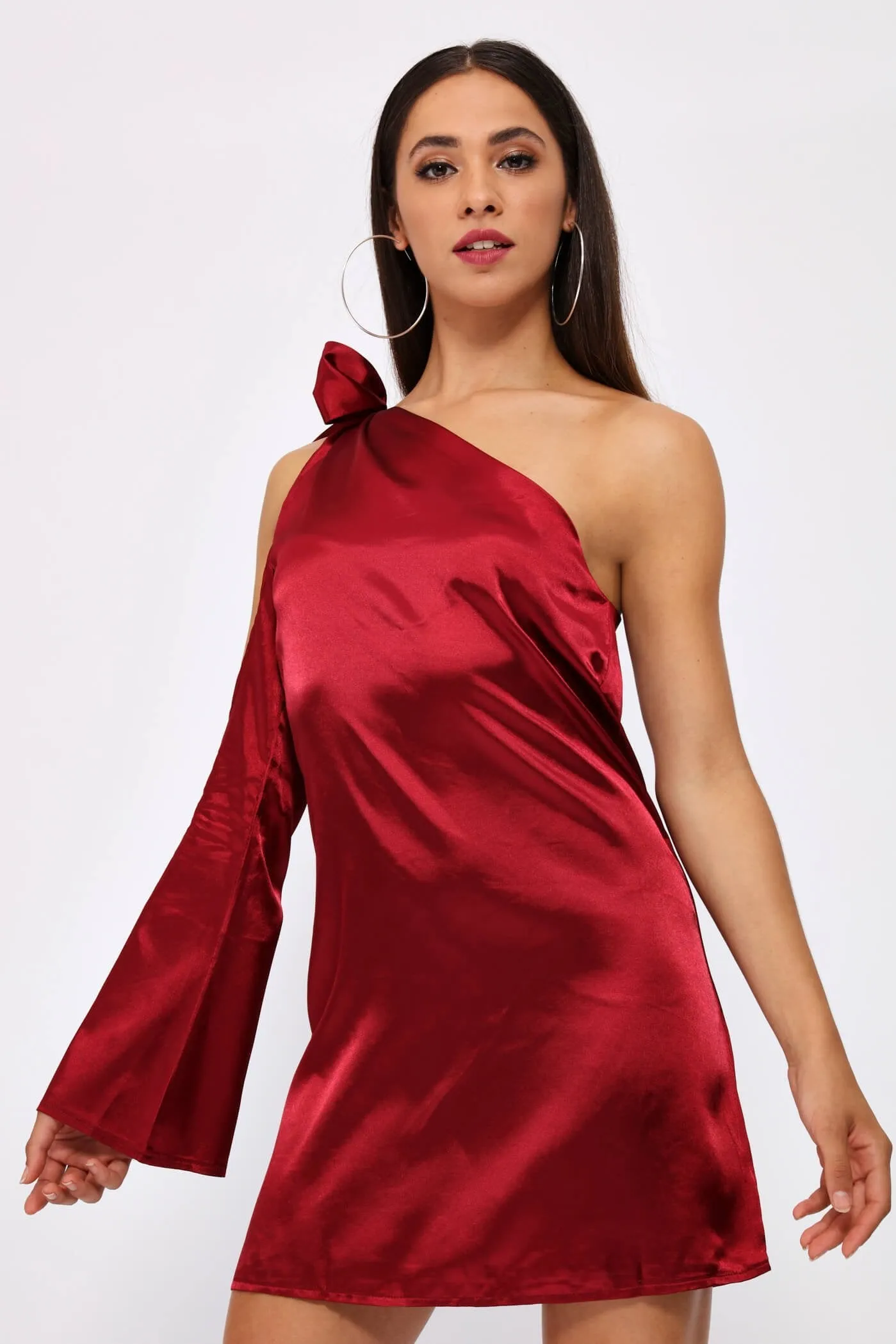 Burgundy One Shouldered Sateen Shift Dress