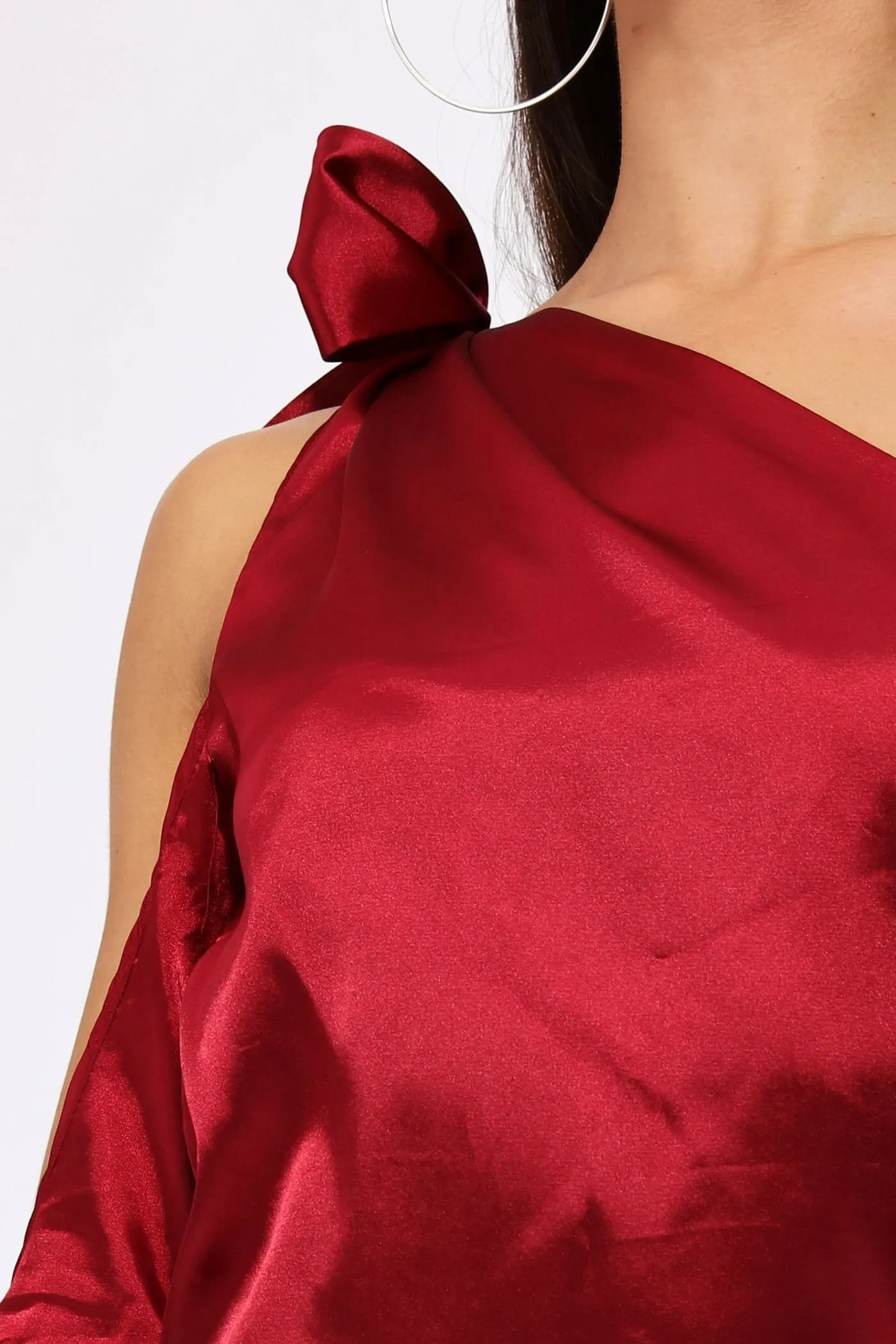 Burgundy One Shouldered Sateen Shift Dress