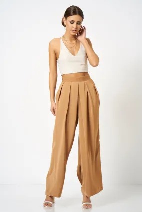 Camel Pleated Wide Leg Trousers