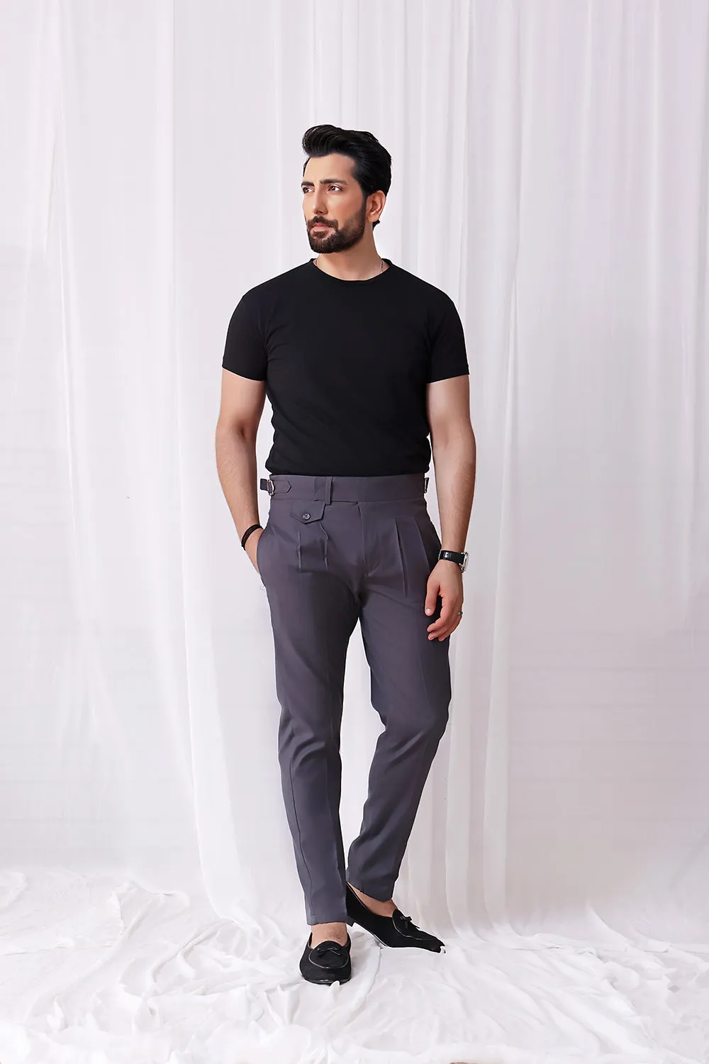 Charcoal Buttoned Gurkha Trousers