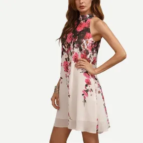 Chiffon Sleeveless Print Mini Round Neck Shift Dresses