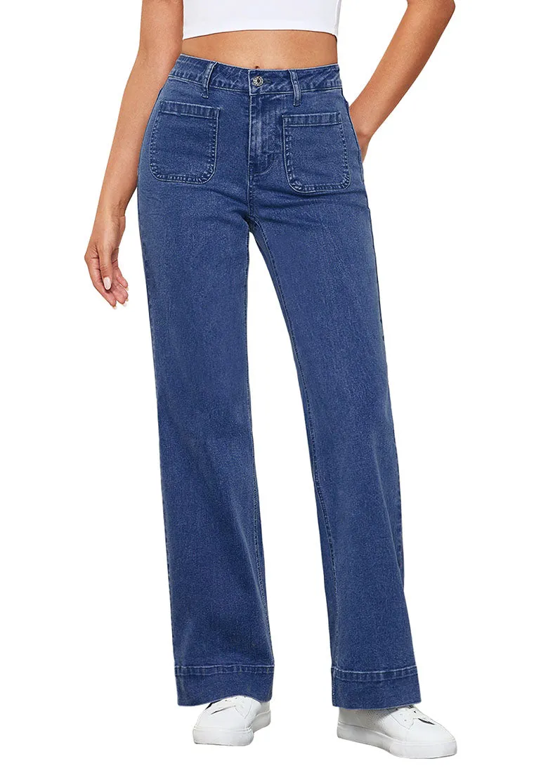 Classic Blue Women's Bell Bottom Full Length High Waisted Denim Regular Fit Slight Stretch Jeans