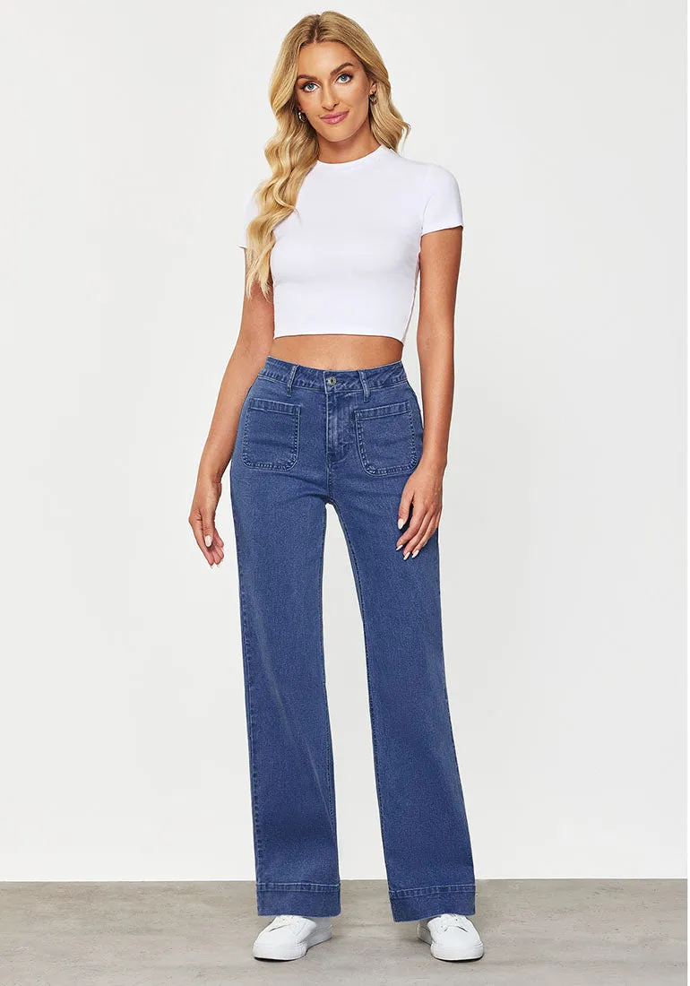 Classic Blue Women's Bell Bottom Full Length High Waisted Denim Regular Fit Slight Stretch Jeans