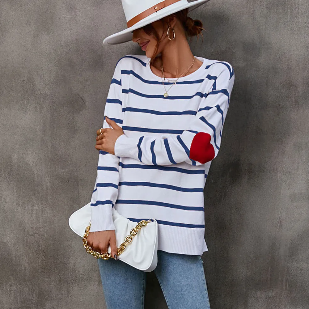 Crew Neck Long Sleeve Side Slit Stripe Heart Jacquard Knit Top