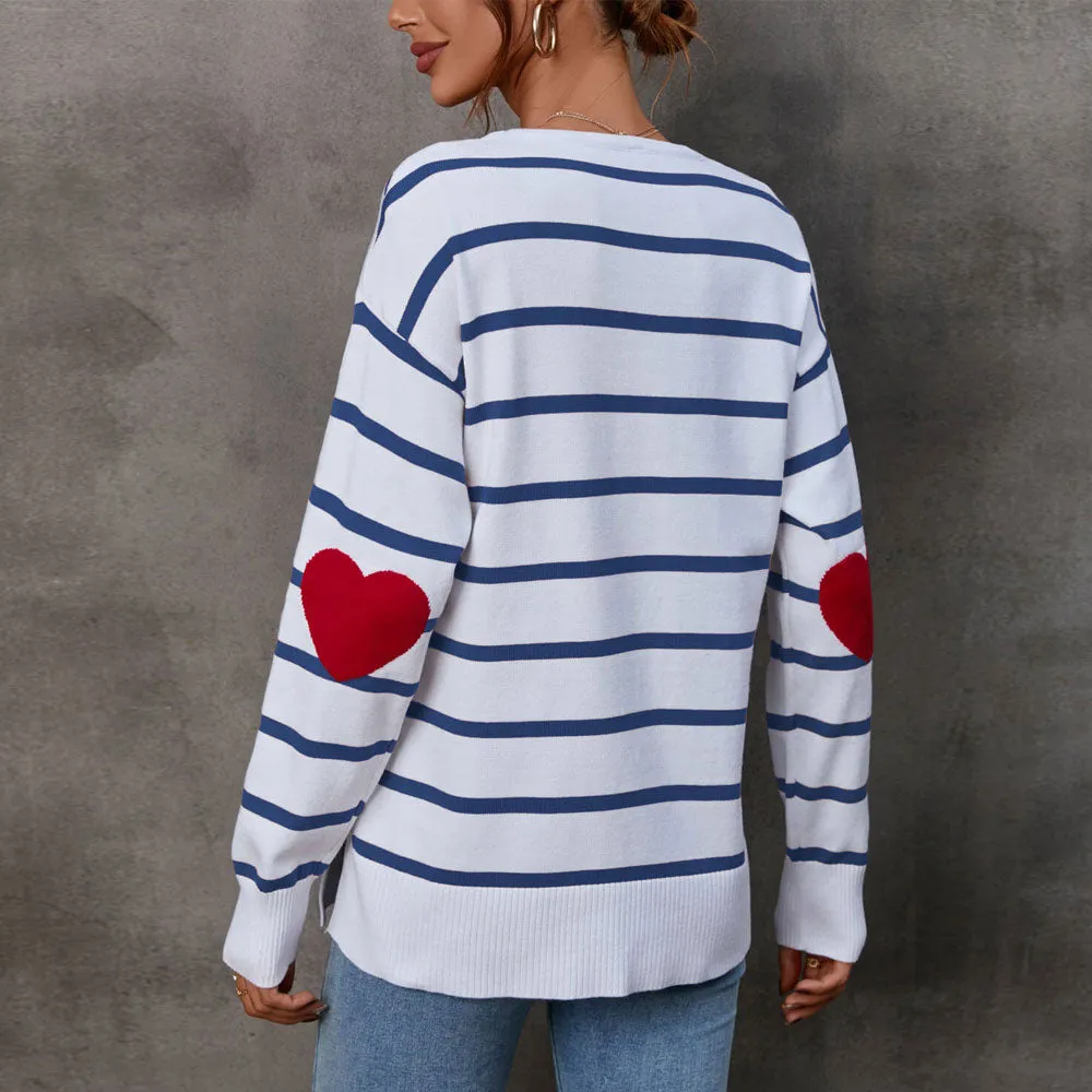 Crew Neck Long Sleeve Side Slit Stripe Heart Jacquard Knit Top