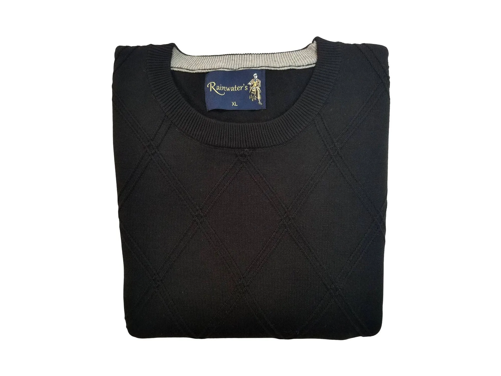 Crew Neck Sweater in Black Diamond Weave Cotton Blend