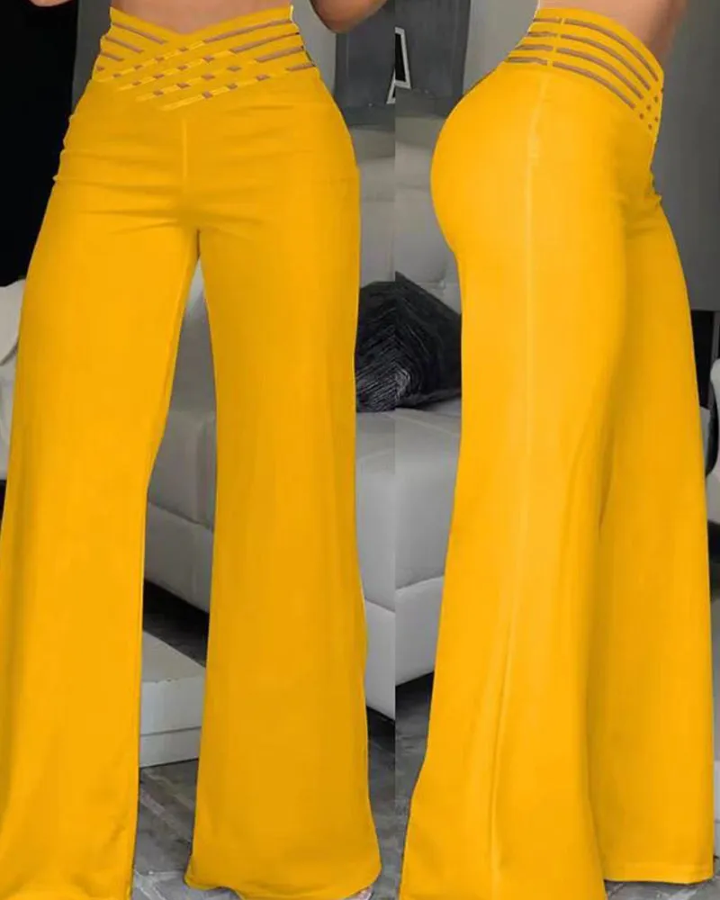 Cut-Out Belt High-Waisted Casual Wide-Leg Pants