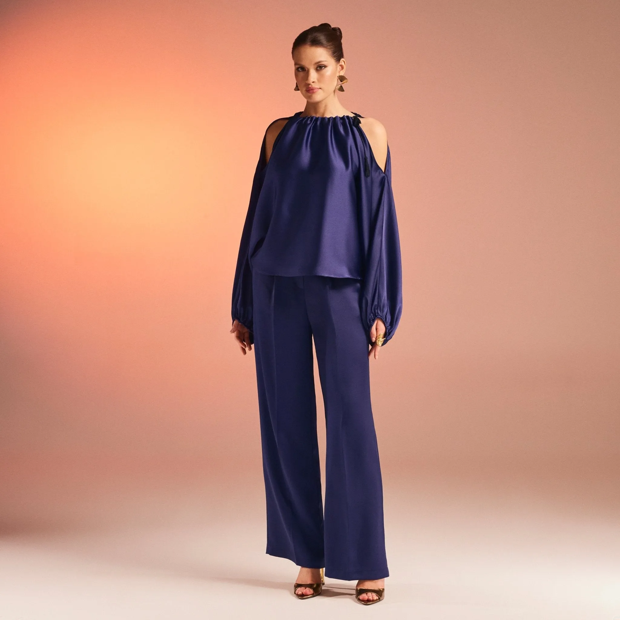 Dark Blue Satin Wide Leg Trouser