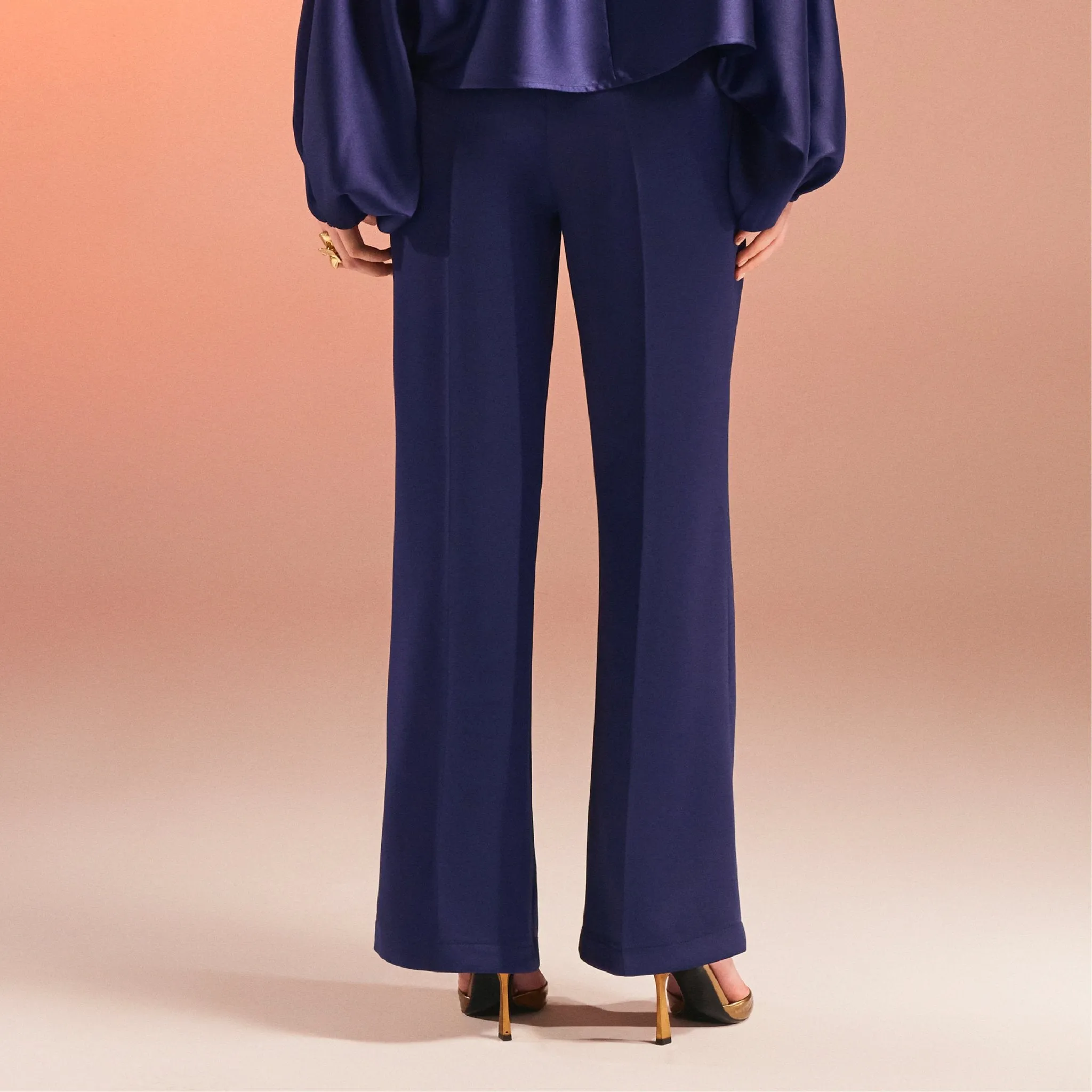 Dark Blue Satin Wide Leg Trouser