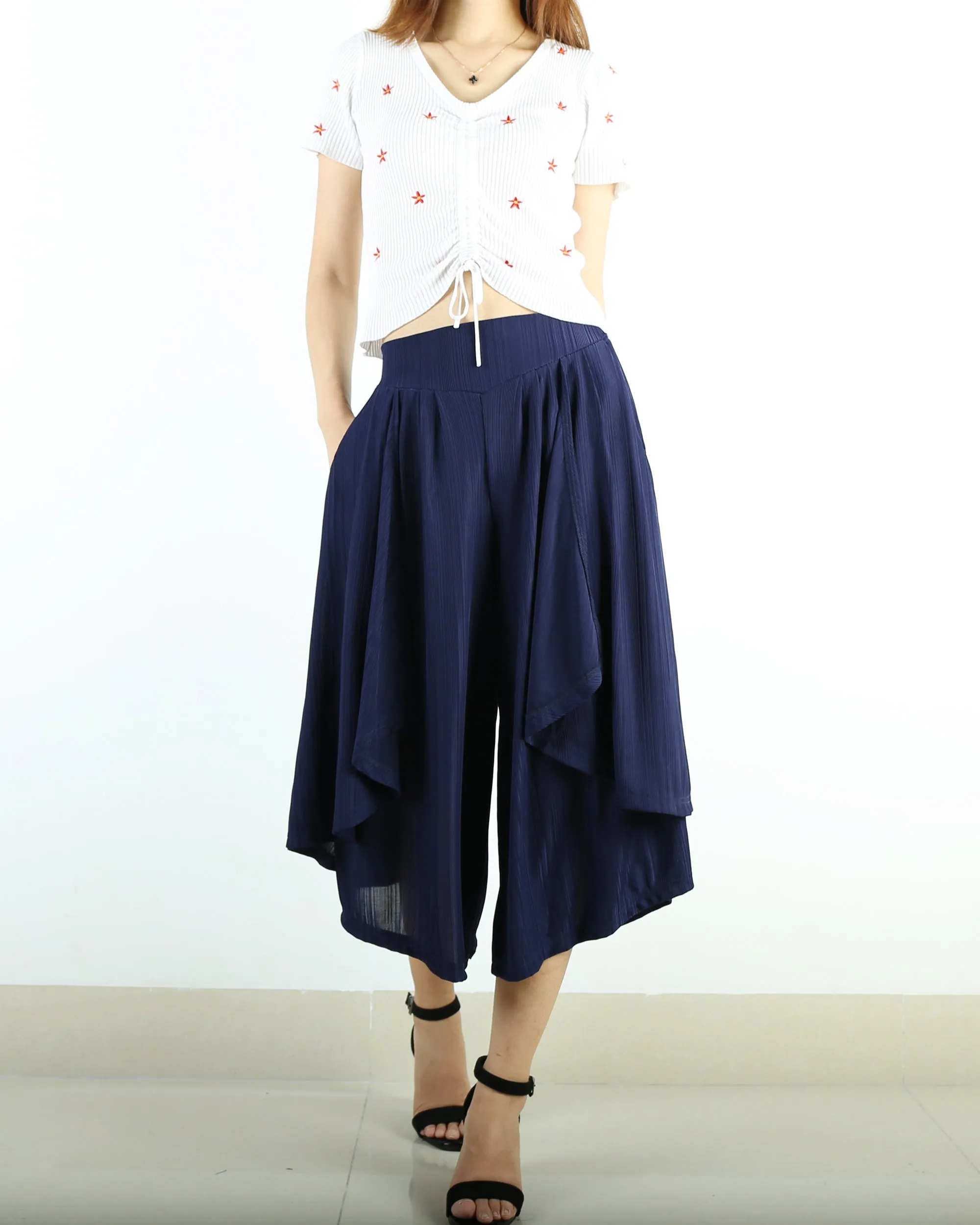 Dark Blue skirt pants/yoga skirt pants/oversized pants/elastic waist pants/asymmetrical trousers (K1661)