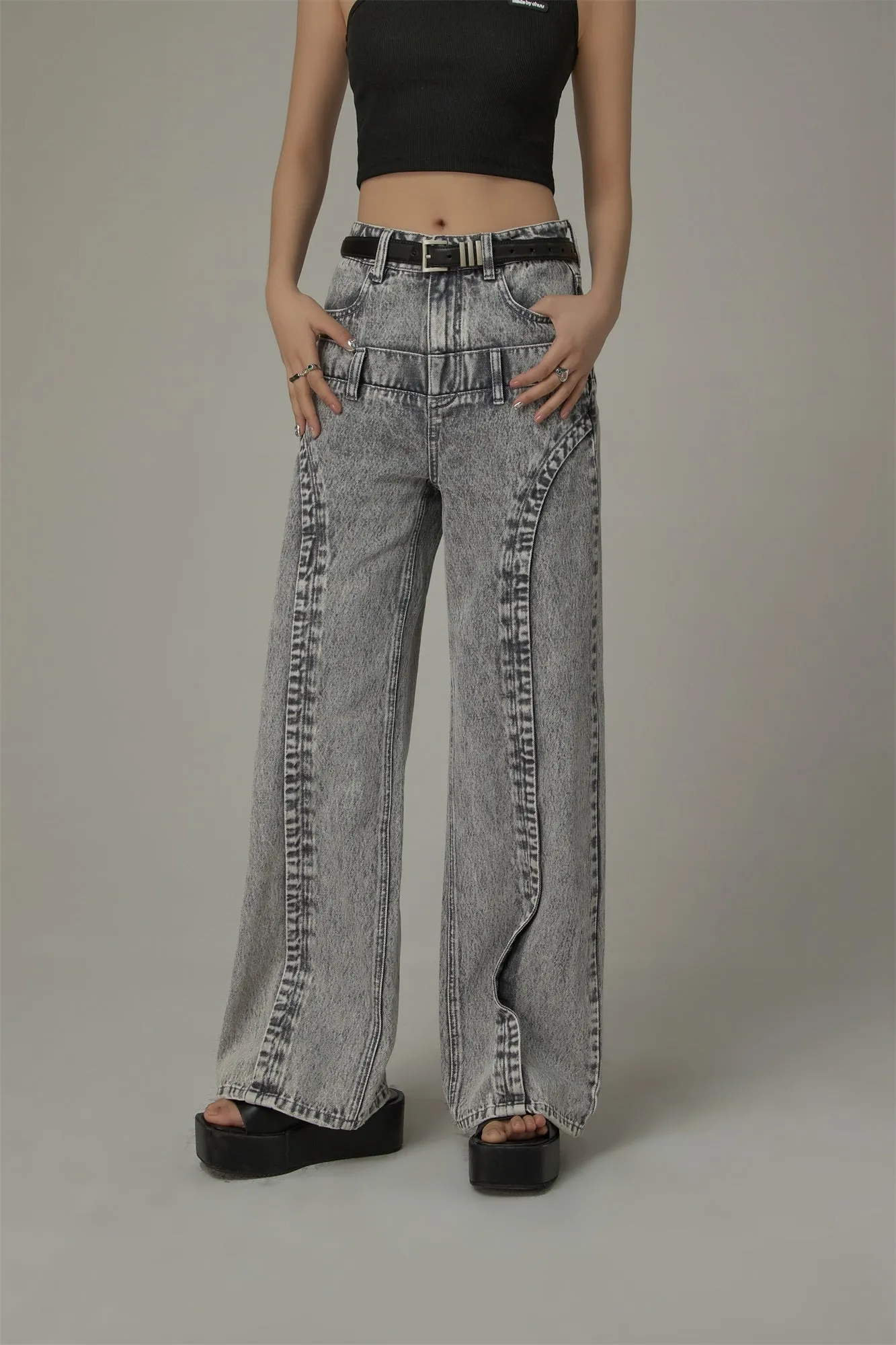 Double Belt High Waisted Straight Jeans