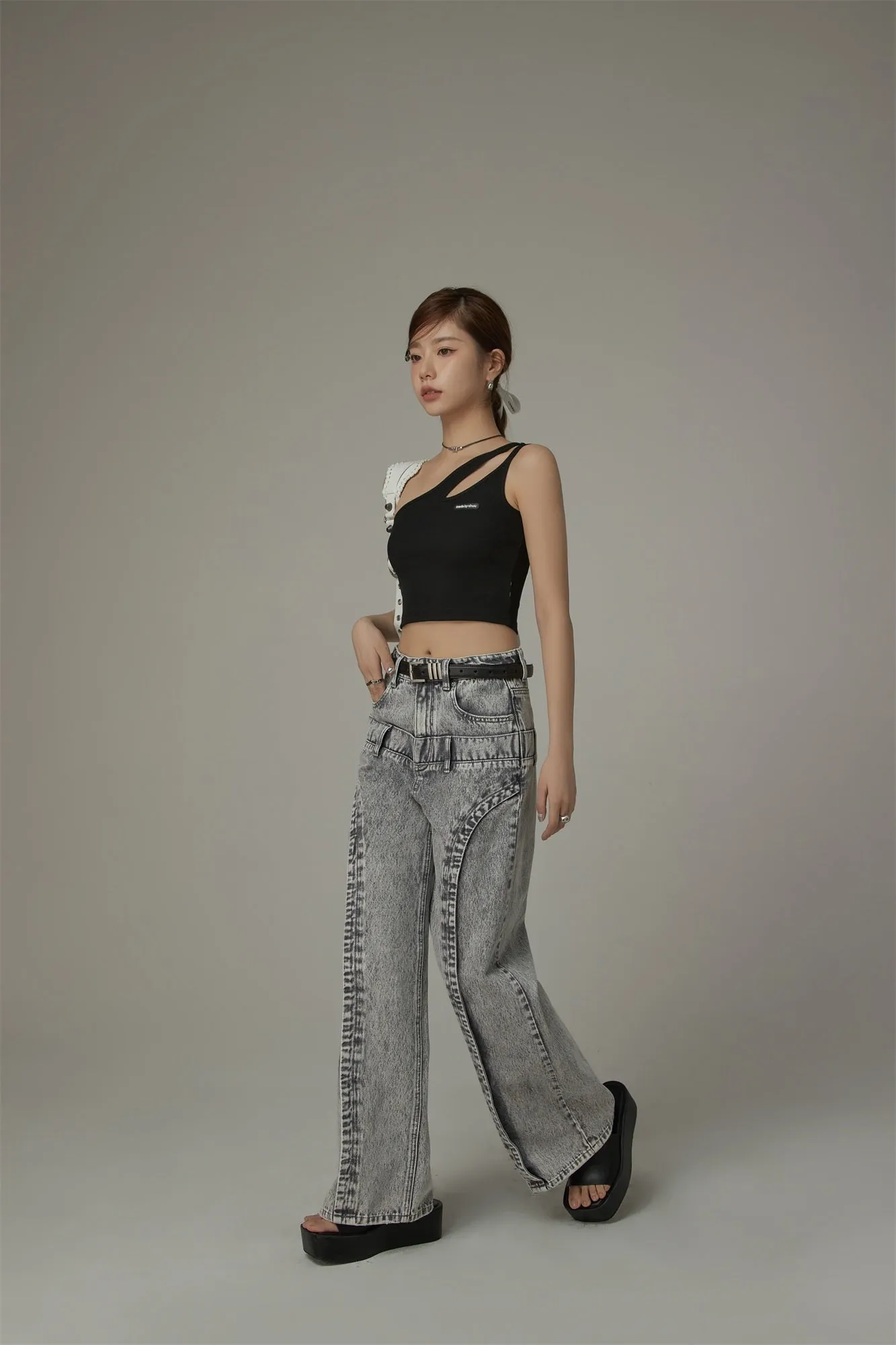 Double Belt High Waisted Straight Jeans