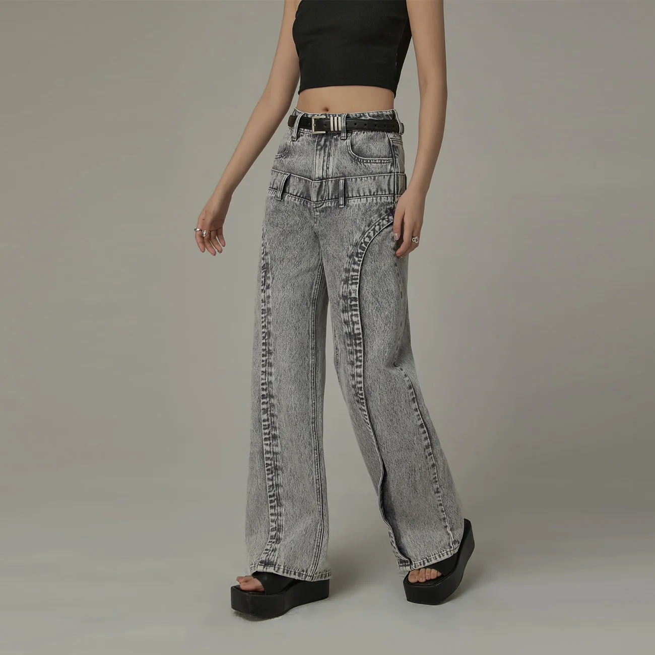 Double Belt High Waisted Straight Jeans