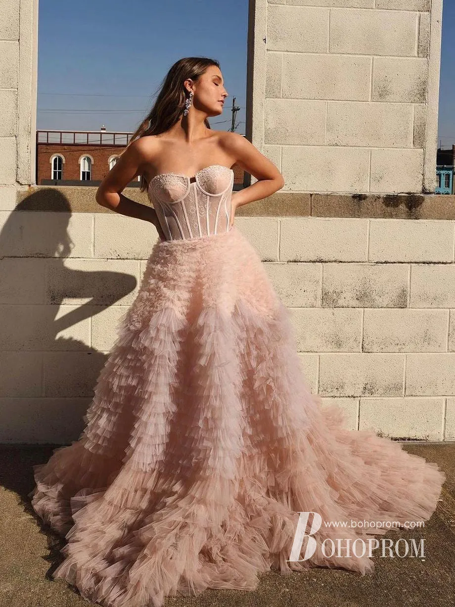 Elegant Tiered Tulle Sweetheart Neckline Prom Dresses A-line Long Princess Dress PD679