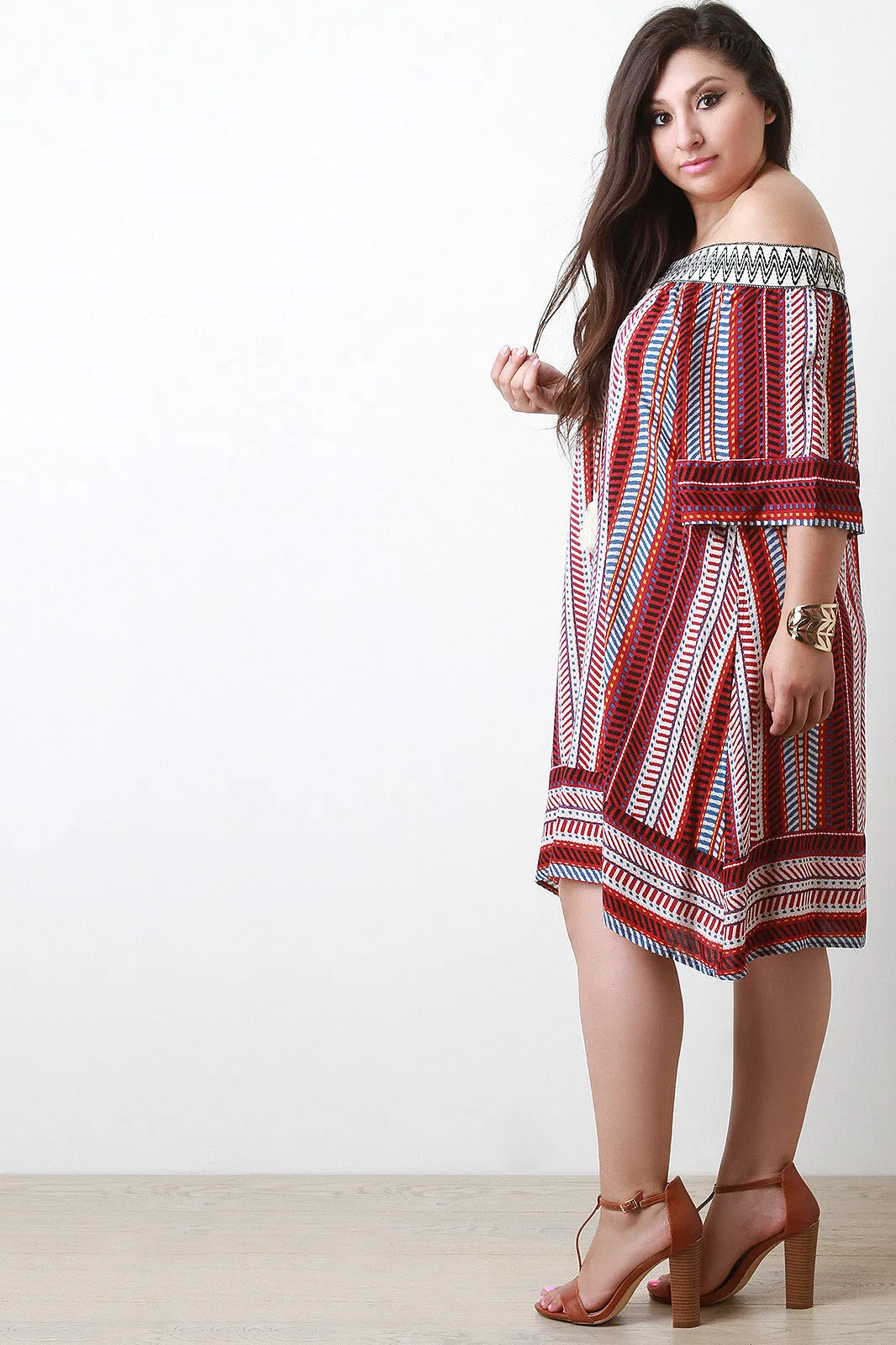 Embroidered Tribal Print Off-The-Shoulder A-Line Dress