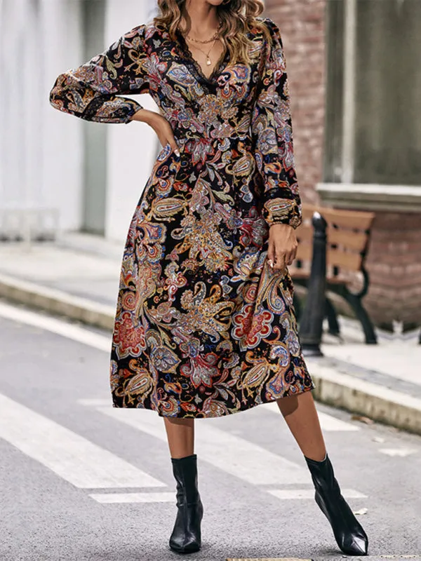 Fall Floral Lace Accents Long Sleeve Midi Dress